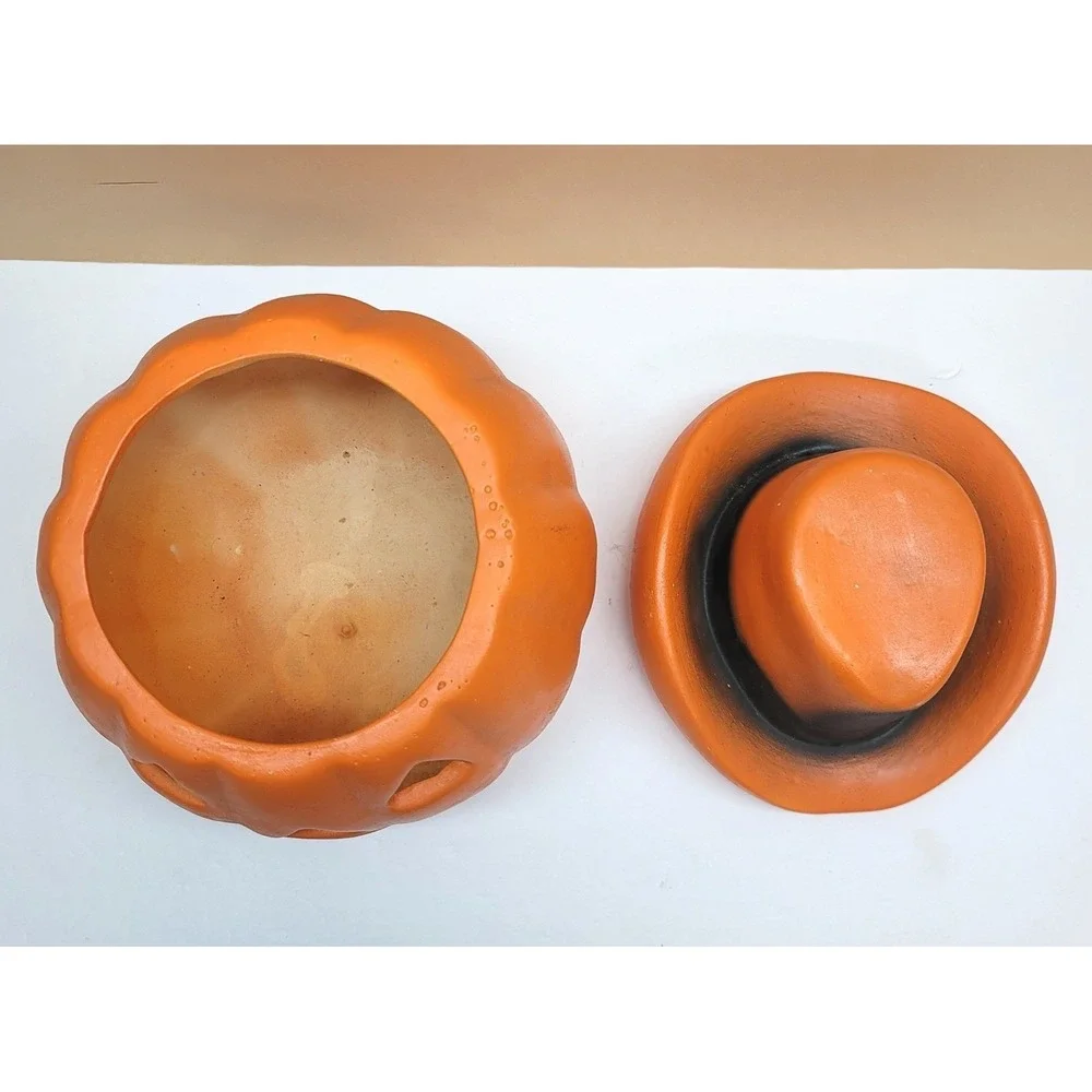 Vintage Halloween Ceramic Jack-O-Lantern Cowboy Hat Pumpkin Decor 10in Orange